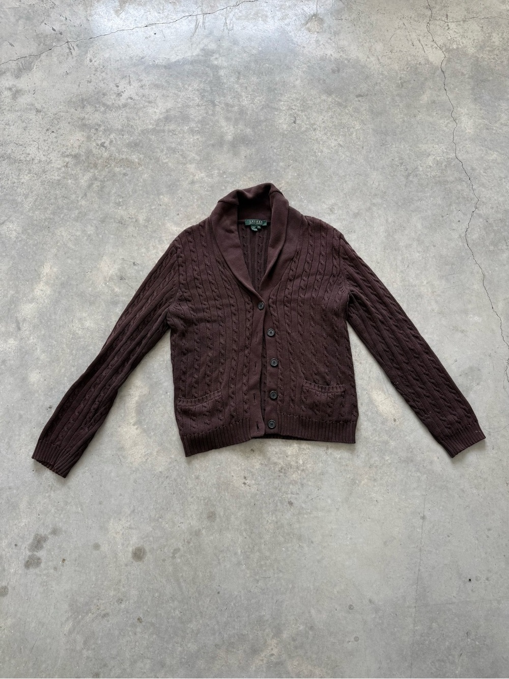Ralph Lauren Dark Brown Cable Knit Shawl Collar Cardigan